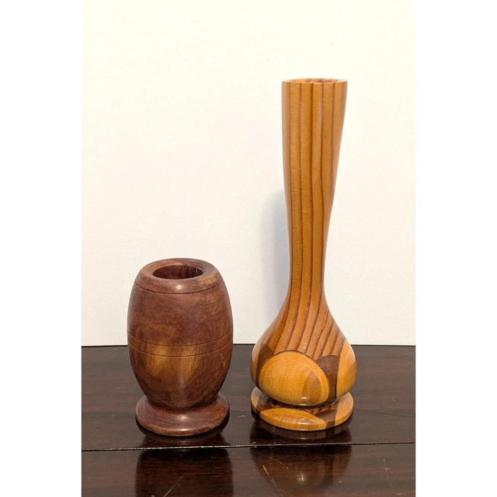 Vintage Hand Turned Wood Bud Vases MCM Inlaid Geometric Small Wood Vase 2pc